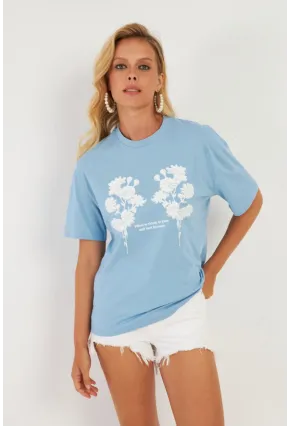Kadın Mavi Baskılı T-Shirt AYD362