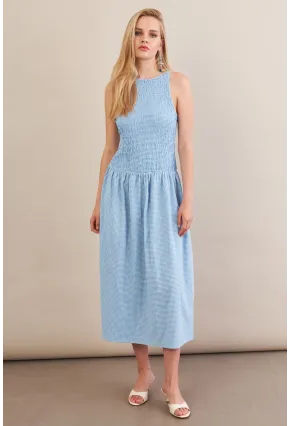 Kadın Mavi Beli Lastikli Gipeli Midi Elbise ZH130