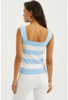 Kadın Mavı-Beyaz Kare Yaka Triko Bluz YV80