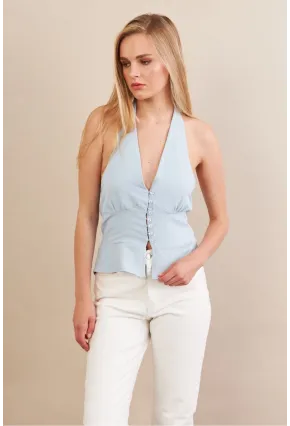 Kadın Mavi Boyun Bağlamalı Keten Yelek FS129