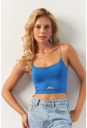 Kadın Mavi Büzgülü Crop Bluz MSH125