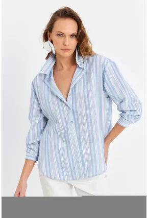 Kadın Mavi Çizgili Keten Gömlek ROP102