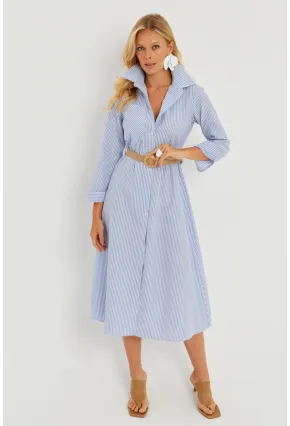 Kadın Mavi Çizgili Midi Gömlek Elbise PP5515
