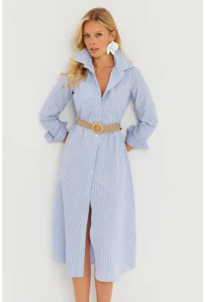 Kadın Mavi Çizgili Midi Gömlek Elbise PP5515