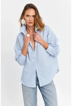Kadın Mavi Çizgili Oversize Gömlek ZER420