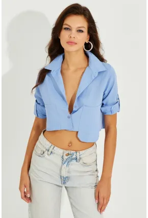 Kadın Mavi Crop Cepli Gömlek TD153