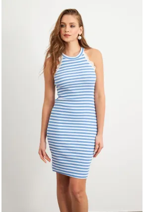 Kadın Mavi Dantel Detaylı Çizgili Midi Elbise MK36