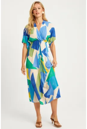 Kadın Mavi Desenli Kruvaze Midi Elbise HT108