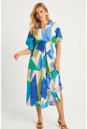 Kadın Mavi Desenli Kruvaze Midi Elbise HT108