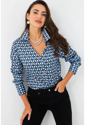 Kadın Mavi Desenli Saten Gömlek SHR9