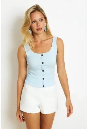 Kadın Mavi Düğme Aksesuarlı Bluz MK14