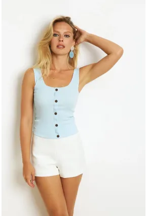 Kadın Mavi Düğme Aksesuarlı Bluz MK14