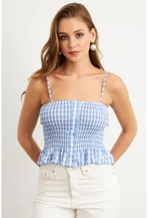 Kadın Mavi Ekose Lastikli Crop Bluz MTK13397