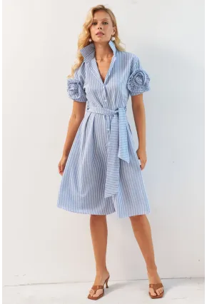 Kadın Mavi Gül Detaylı Midi Gömlek Elbise SF12812