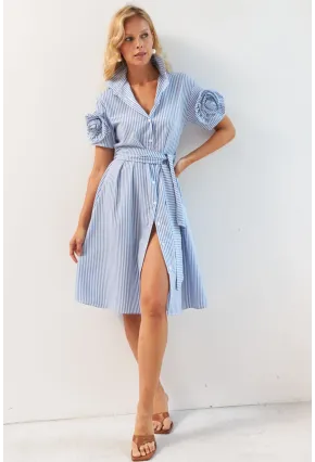 Kadın Mavi Gül Detaylı Midi Gömlek Elbise SF12812