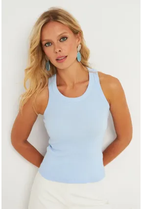 Kadın Mavi Halter Yaka Fitilli Bluz MK11