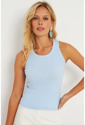 Kadın Mavi Halter Yaka Fitilli Bluz MK11