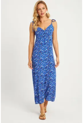 Kadın Mavi İp Askılı Çiçekli Midi Elbise GÇ172