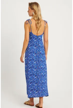 Kadın Mavi İp Askılı Çiçekli Midi Elbise GÇ172