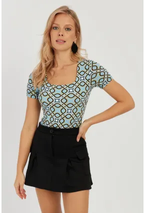 Kadın Mavi Kare Yaka Desenli Bluz LPP1258