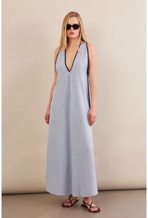 Kadın Mavi Kontrast Çizgili Maxi Keten Elbise MSİ101