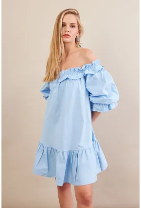 Kadın Mavi Madonna Yaka Midi Elbise PSG1012