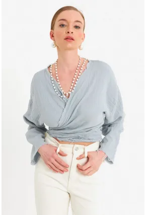 Kadın Mavi Müslin Crop Bluz PC20700
