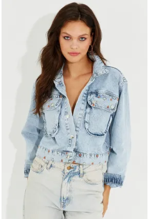 Kadın Mavi Nakışlı Denim Kısa Ceket İS802