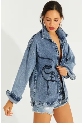 Kadın Mavi Nakışlı Kot Ceket İS801