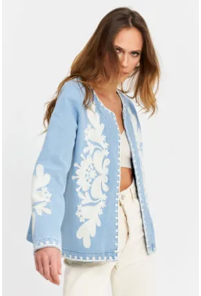 Kadın Mavi Nakışlı Mevsimlik Denim Premium Ceket QS5583