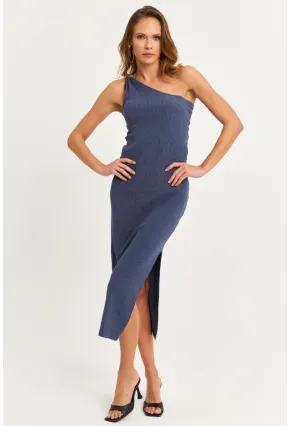 Kadın Mavi Omuz Aksesuarlı Kolsuz Midi Elbise MOD2400