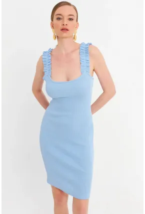Kadın Mavi Omuz Bantlı Kaşkorse Mini Elbise URO203