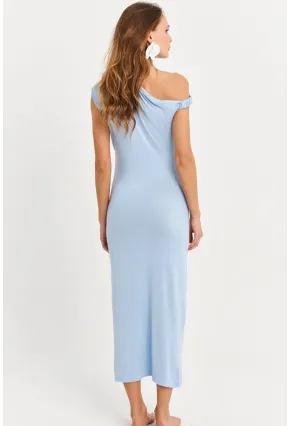 Kadın Mavi Omuz Düğümlü Degaje Midi Elbise EY3054