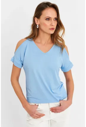 Kadın Mavi Omuzları Açık Bluz BR1329