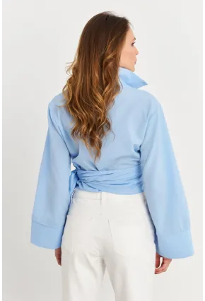 Kadın Mavi Önü Bağlamalı İspanyol Kol Gömlek MON142