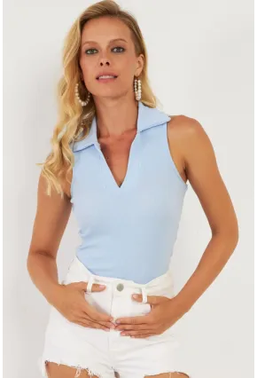 Kadın Mavi Polo Yaka Kaşkorse Bluz MK10