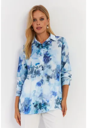 Kadın Mavi Taş Düğmeli Desenli Gömlek MLVF9