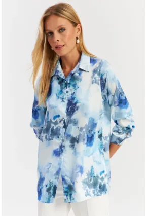 Kadın Mavi Taş Düğmeli Desenli Gömlek MLVF9