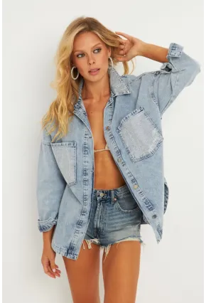 Kadın Mavi Taşlı Denim Ceket İS249