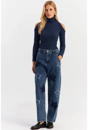 Kadın Mavi Yamalı Jean Pantolon AUR1