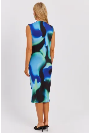 Kadın Mavi-Yeşil Büzgülü Midi Elbise NÇ520