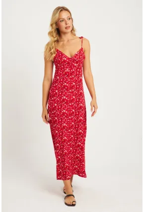 Kadın Mercan İp Askılı Çiçekli Midi Elbise GÇ172