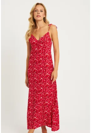 Kadın Mercan İp Askılı Çiçekli Midi Elbise GÇ172