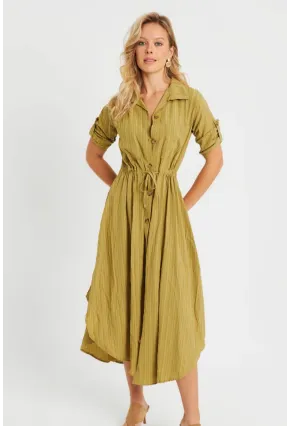 Kadın Midi Gömlek Elbise Haki Q984