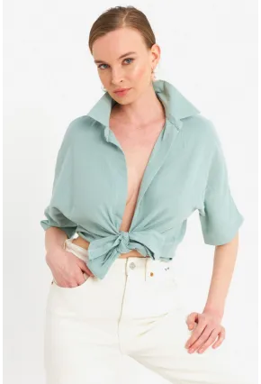 Kadın Mint Bağlamalı Keten Bluz BTH16