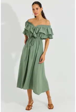 Kadın Mint Ön Arka V Volanlı Elbise KS113