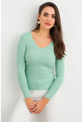 Kadın Mint V Yaka Triko Bluz YV284