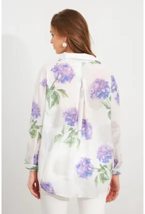Kadın Mor Çiçek Desenli İnce Keten Gömlek MCAR1068