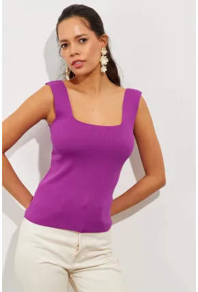 Kadın Mor Kare Yaka Triko Bluz YV87