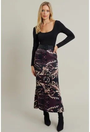 Kadın Mürdüm Desenli Saten Etek CAR1060